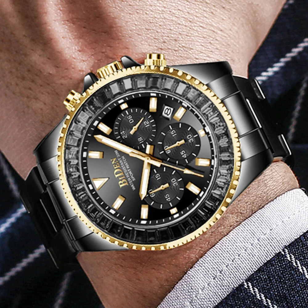 

New Hot Sale Automatic Date Men Watches Top Bezel Diamonds Luxury Black Quartz Watch Full Stainless Steel Chronograph AAA Clocks