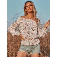 summer new womens clothing one line collar lace waist slimming chiffon shirt small floral pastoral style blouse