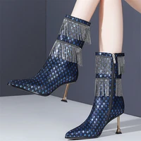 rhinestones fringe wedding shoes women genuine leather high heel platform pumps female high top pointed toe party ankle boots