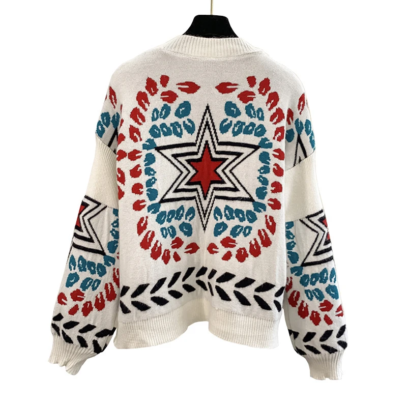 

2021 Spring Vintage Sweater Casual Loose O-Neck Pullover Ethnic Style Star Jacquard Weave Thick Sweater