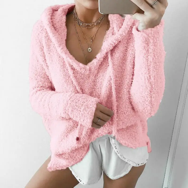 

Winter Warm Women's Hoodie V-neck Pullover Drawstring Loose Sweatshirt Double-faced Fleece Sweatshirt Lady Solid Color Clothing