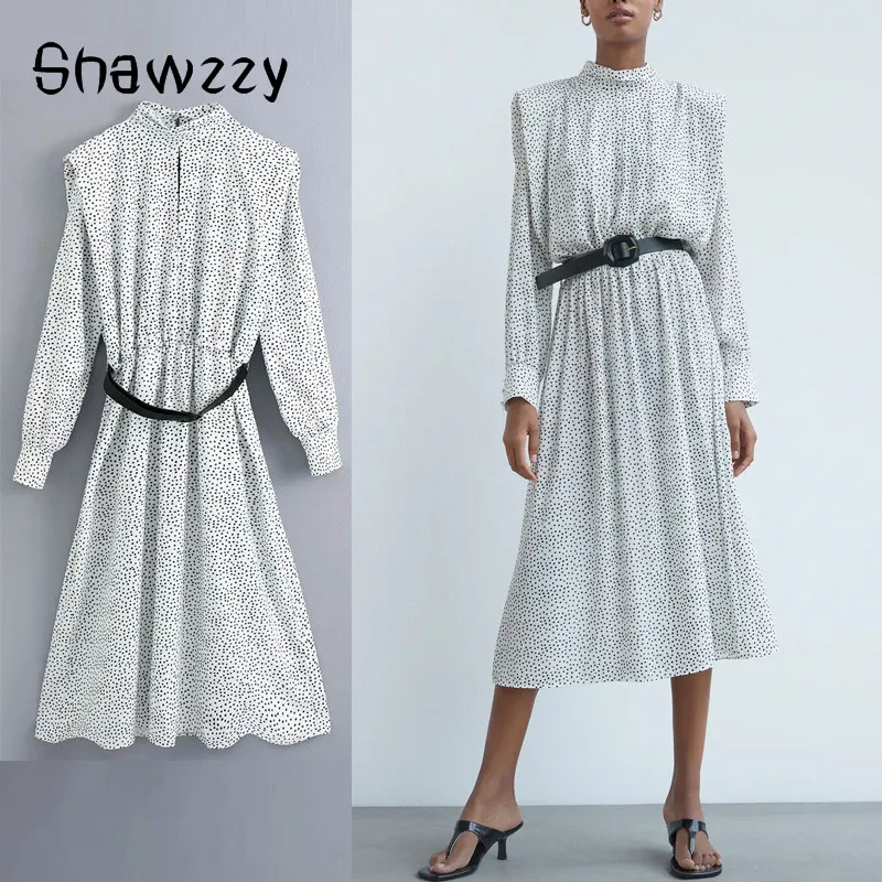

Za 2020 Polka Dot Belt Midi Dress Women Pronounced Shoulders Autumn Dress Elastic Waistband Feminine Elegant High Collar Dresses