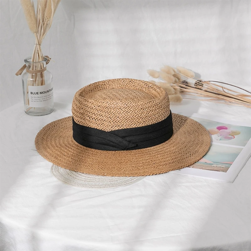 

Women Men Summer Woven Straw Sun Hat Flat Wide Brim Ribbon Bohemian Outdoor Sunscreen Adjustable Panama Boater Beach Cap