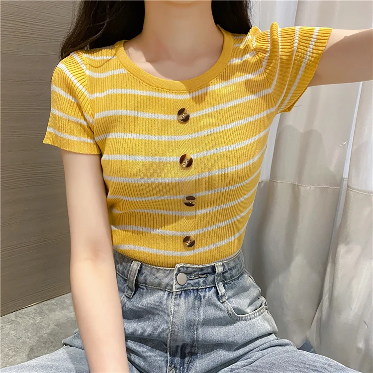 

Fashion Women's tops sexy slim section O-neck single-row button threaded short-sleeved T-shirt Button Short Knitted