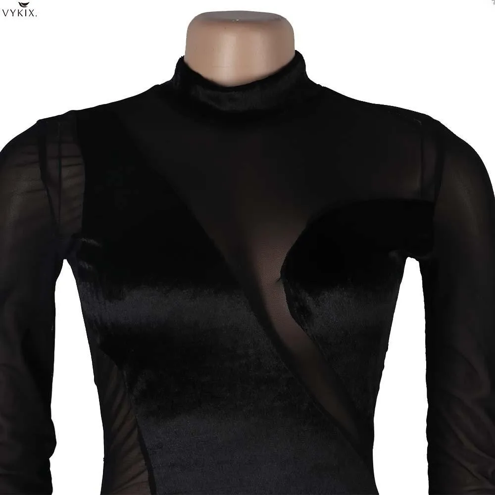 

Spring Velvet Mesh Dress Patchwork See-through Floor-length For Women Turtleneck Sheath Elastic Sexy Night Club Party Dresses