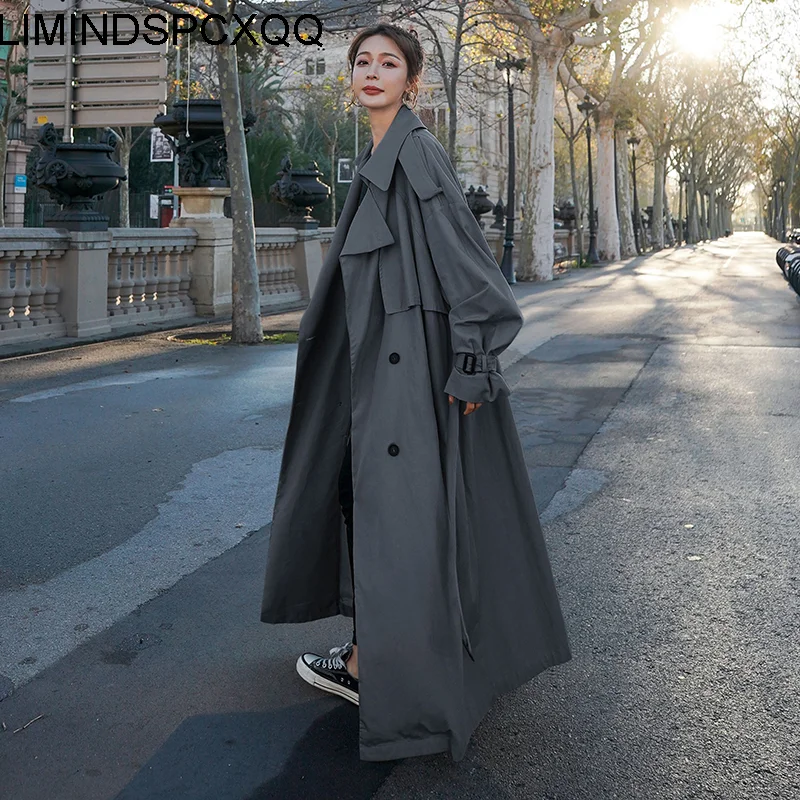 

2021 Long Trench Coat Female Loose Fashion Double-Breasted Women Coats High Quality Female Windbreaker With Belt Solid Color