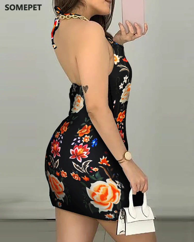 

Women Sleeveless Halter Tropical Butterfly Print Bodycon Mini Dresses Fashion Female Summer Above Knee Short Casual Dress