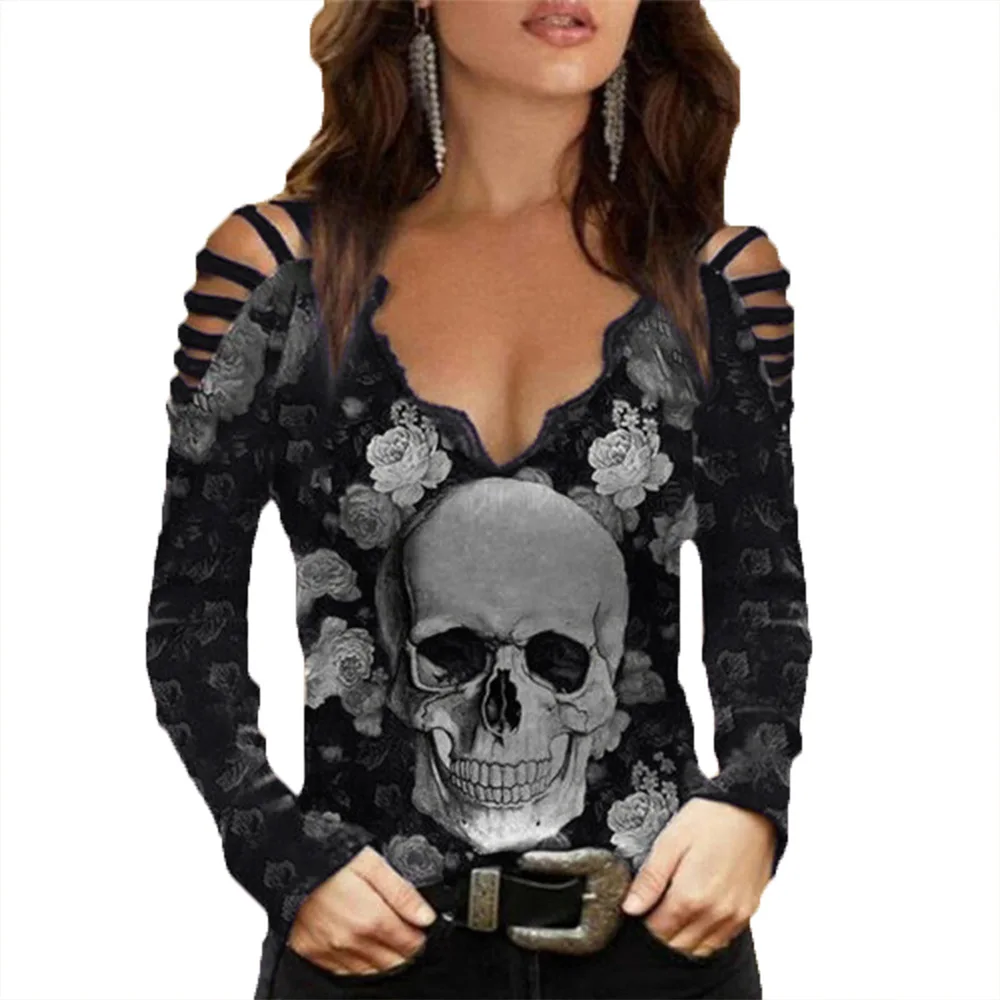 Women Sexy V-Neck Pullover Skulls Print Y2K Lace Patchwork Tops Spring Autumn Casual Tees Long Sleeve Hollow Out Ladies T Shirt