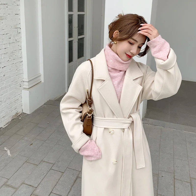 Женское шерстяное пальто с поясом Свободное длинное в Корейском стиле на осень и