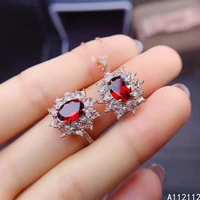 fine jewelry 925 pure silver inset with natural gem womens luxury noble flower garnet pendant adjustable ring set support detec