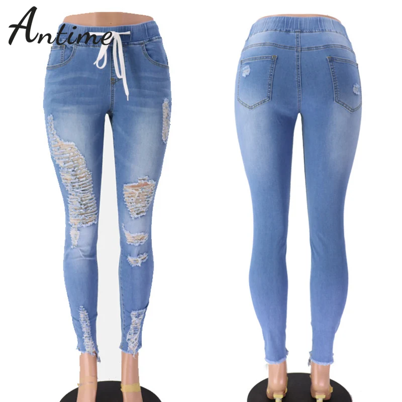

Antime 2021 Fashion Blue Ripped Jeans Streetwear High Waist Sexy Broken Hole Denim Trouser Women Skinny Pencil Pants Ladies