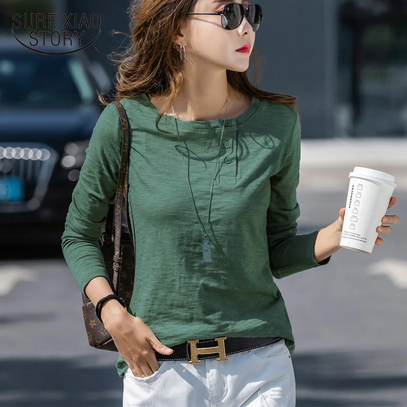 Женская хлопковая футболка на пуговицах однотонная Элегантная с длинным рукавом