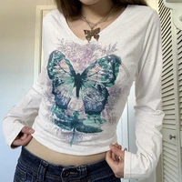 butteryfly printed cotton tshirts v neck cute women streetwear casual tops long sleeve fashion chic kawaii tee 2021 autumn