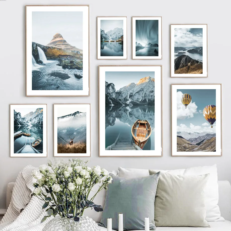

Nordic Poster Calm Lake Boat Mountain Hot Air Balloon Waterfall Wall Art Print Canvas Painting Decor Pictures For Living Room