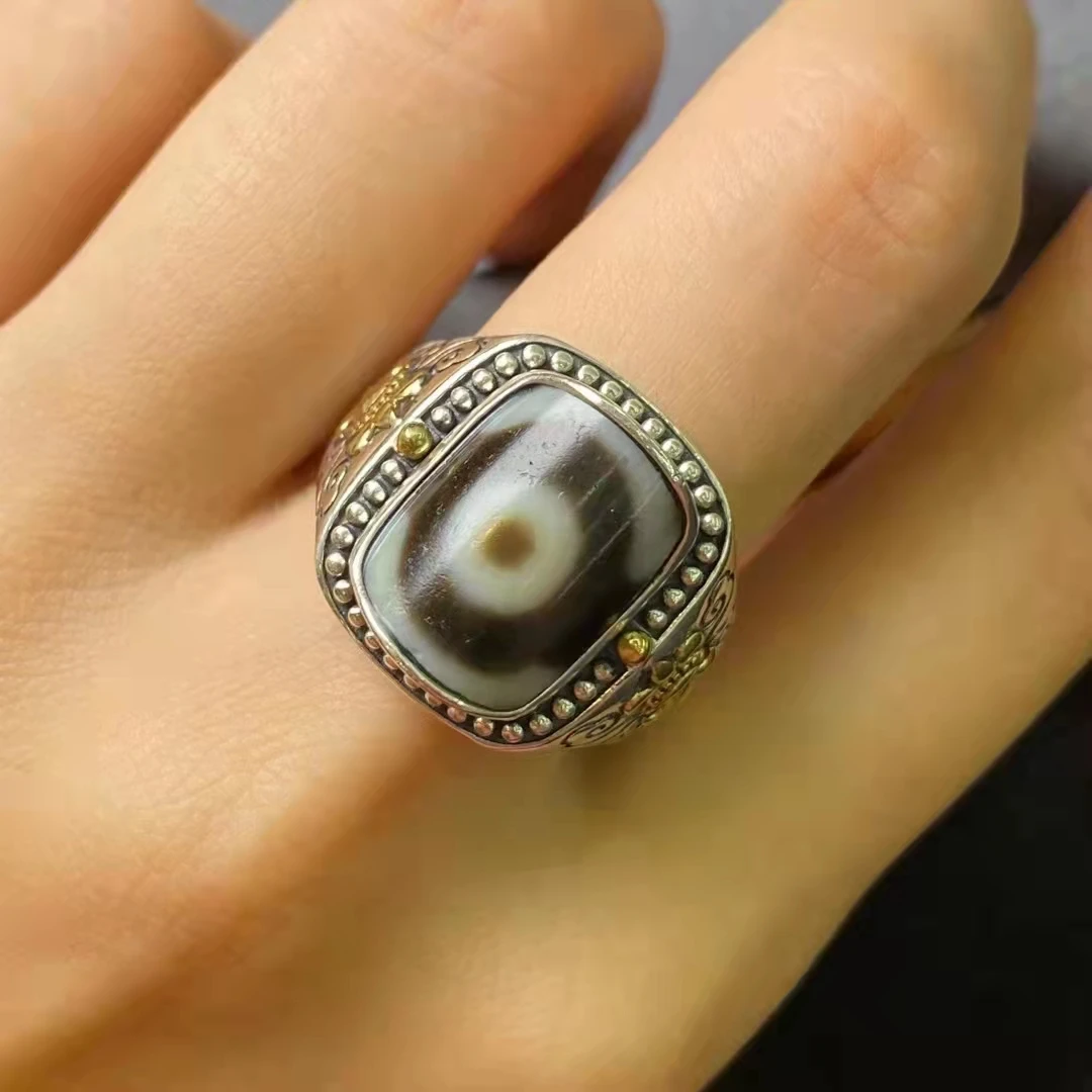 

1pcs/lot Tibetan Dzi Bead Ring variety styles Adjustable size s925 Seiko inlay natural rare precious jewelry folk-custom gem