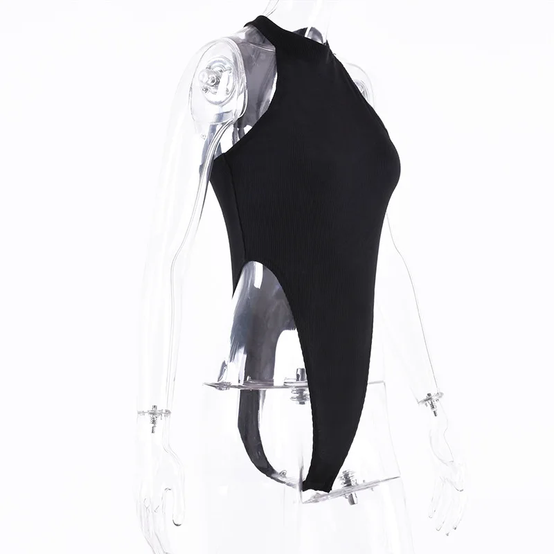 

Bodycon Women Halter Bodysuit Blackless Slim Sexy Body Tops Crew Neck Summer Clothes Sleeveless Sexy High Leg Thong Bodysuit