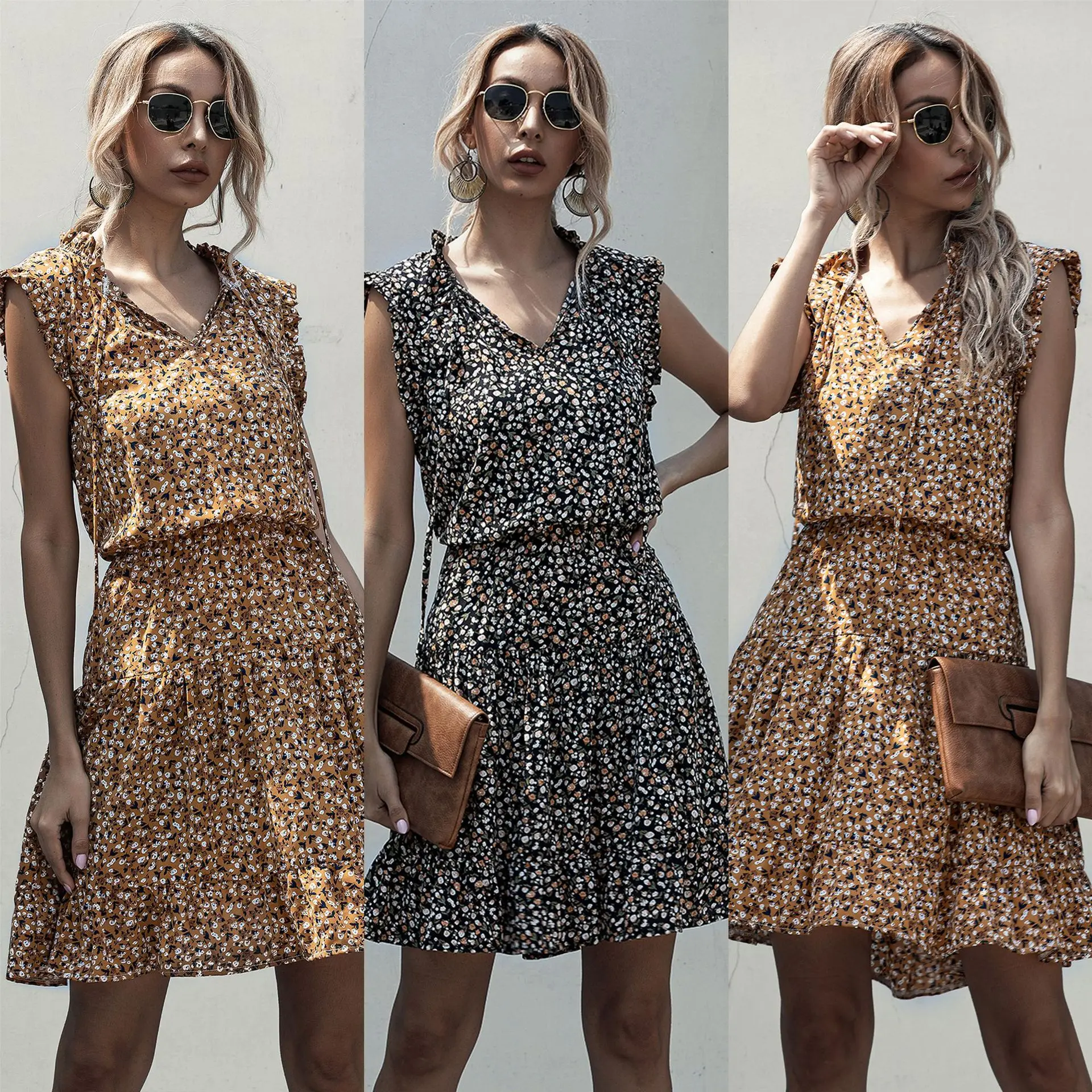 

Woman Tank Dresses Summer Floral Print Ruffle Ruched Sleeveless Dress Casual Black Yellow Vacation Trendy Sundress for Women