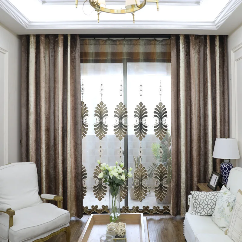 

Meisi Mengsa Flannel Printed Curtain Fabric Bedroom Living Room Custom Finished Shading Embroidered Curtain Coffee Color