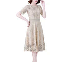 2021 new summer women o neck short sleeve elegant slim dress high quality hook flower hollow apricot lace dress