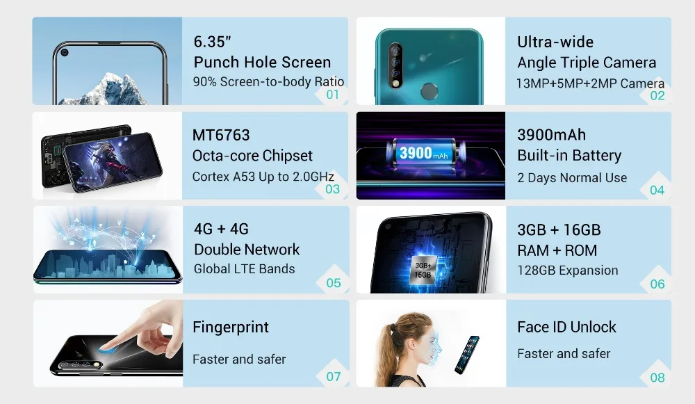 Смартфон OUKITEL C17 6,35 ''с тройной камерой MT6763, четыре ядра, Android 9,0, 3 ГБ, 16 ГБ, распознавание лица, отпечаток пальца, 4G, мобильный телефон, 3900 мА/ч