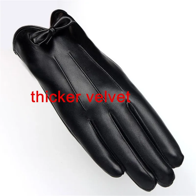 black thick velvet Новое поступление женские зимние теплые модные розовые перчатки из искусственной кожи с бантом - Цвет: black thick velvet