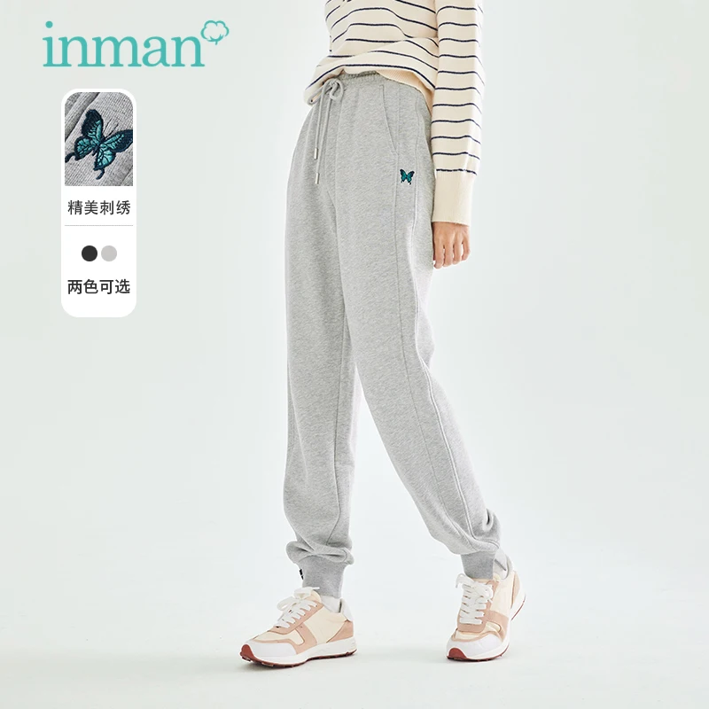

INMAN Autumn Winter Sport Style Jogger Pants Butterfly Embroidery Slit Loose Style Elastic Wasit Causal Women Trousers