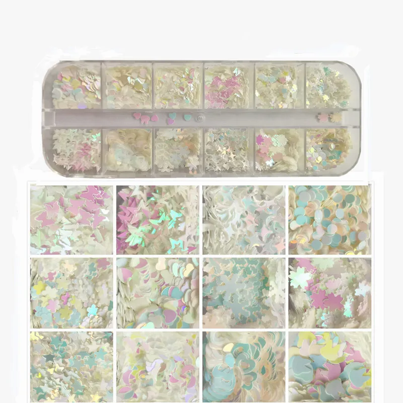 

12 Grids/Box Laser Love Heart Butterfly Nail Sequins Mixed Color Sparkle Nail Glitter Flakes 3D Nail Art Decorations Accessories