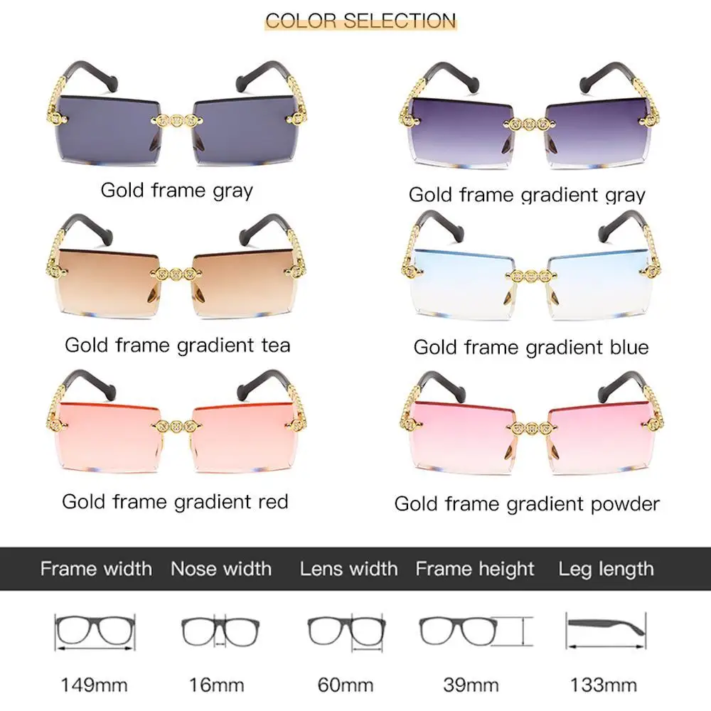 

Rimless Diamond Sunglasses Women 2021 Fashion Rectangle Steampunk Sun Glasses Crystal Vintage Rhinestone Eyewear UV400 Oculos