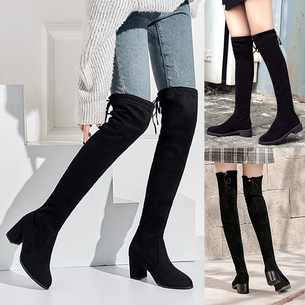 Высокие сапоги до бедра женские зимние ботфорты выше колена на квадратном