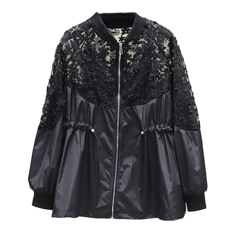 

Jacket Womens Sunscreen Top Spring Summer Lace Splicing Casual Loose Windbreaker Fashion Baseball Coat Streetwear Outerwear Lady
