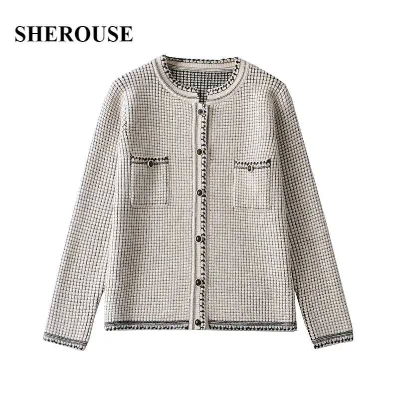 

Женский вязаный однобортный Кардиган Sherouse, вязаный кардиган в клетку с круглым вырезом и длинными рукавами, шикарные топы