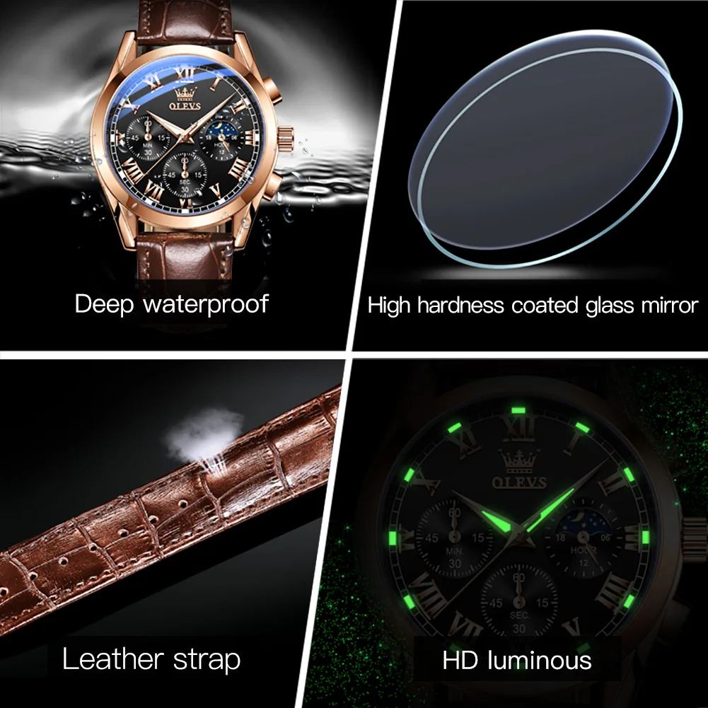 

OLEVS Mens Quartz Watches Business Dress Waterproof Wristwatch Men Luxury Breathable Leather Sports watch men Gifts Montre homme
