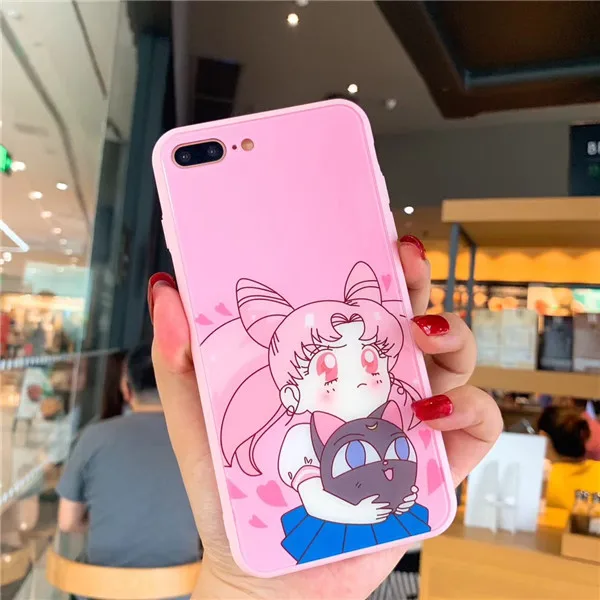 Glass Cat Милый протектор экрана Сейлор Мун чехол для телефона аниме для iPhone 11 Pro Max X XS MAX XR 6 6s 7 8 Plus для задней крышки из закаленного стекла - Color: Glass Cat