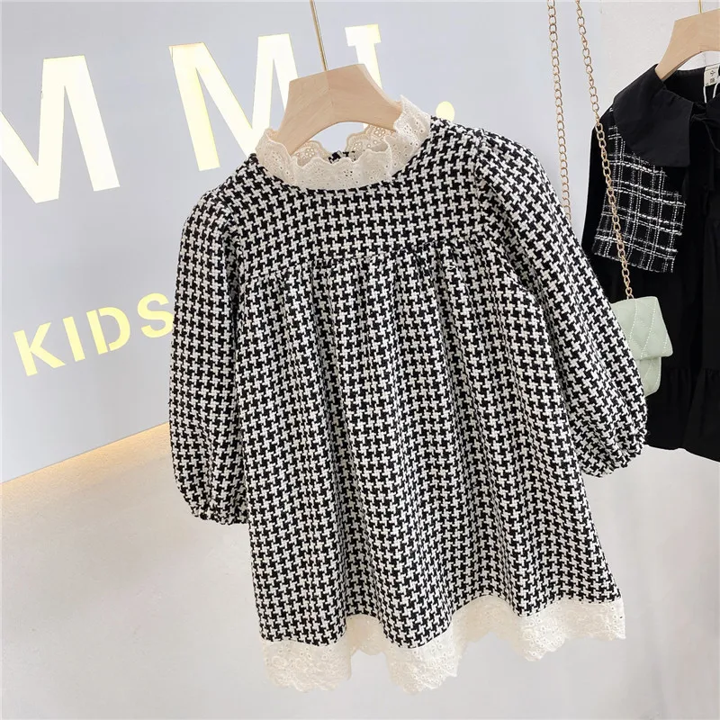 

Children Clothing 2021 Spring New Girls Houndstooth And Grace Lace Princess Long-Sleeved Little Fragrant Wind Female Baby Dress