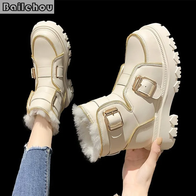 

Martin Boots Short Ankle Women Shoes For Women 2021 Winter Furry Warm Rubber Platform Female Shoes Belt Buckle Modern Booties