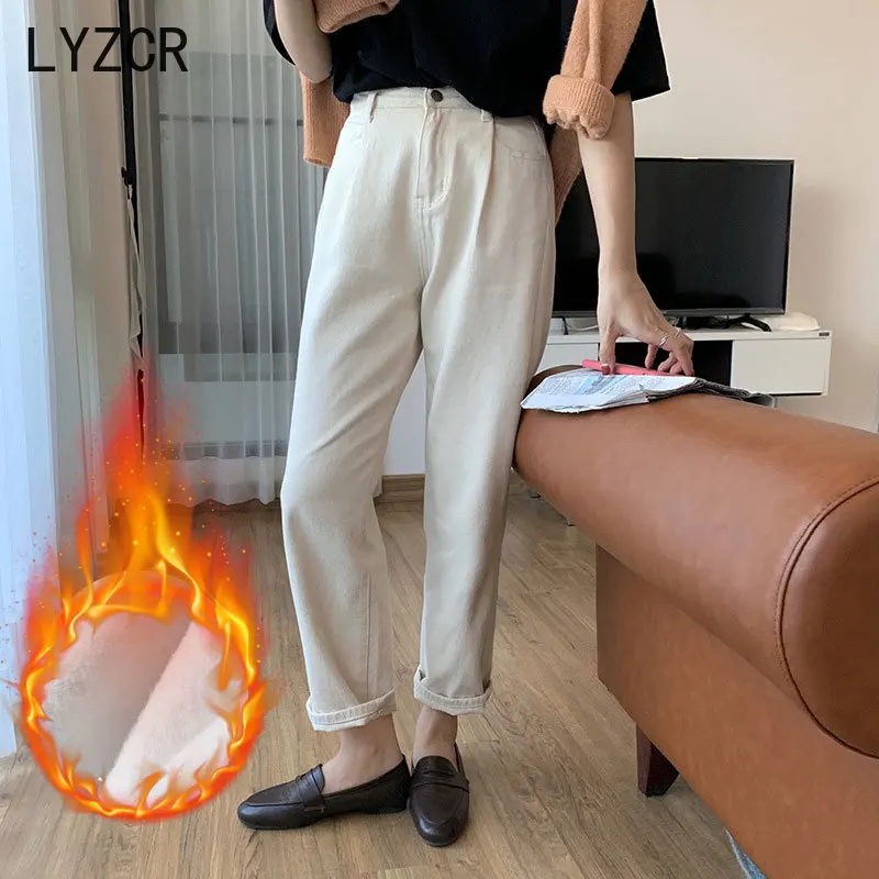 Зимние Бежевые женские бархатные теплые джинсы LYZCR утепленные с высокой талией