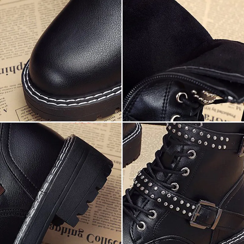 

Women Ankle Boots Rivet Shoes Buckle Strap Ladies Footwear Autumn Zipper Black Motorcycle Botas Sewing Female Low Heels Fashion