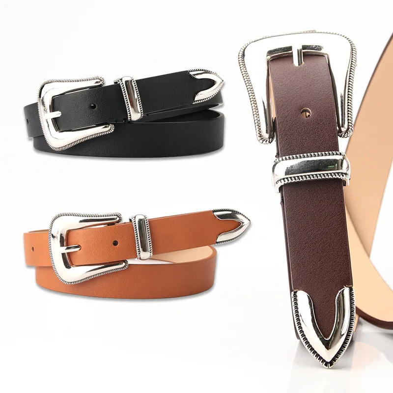 

Luxury Vintage Sliver Buckle Belt Black Coffee Imitation Leather Punk Wind Jeans Belt Women Female Western Cowgirl Waist Belts