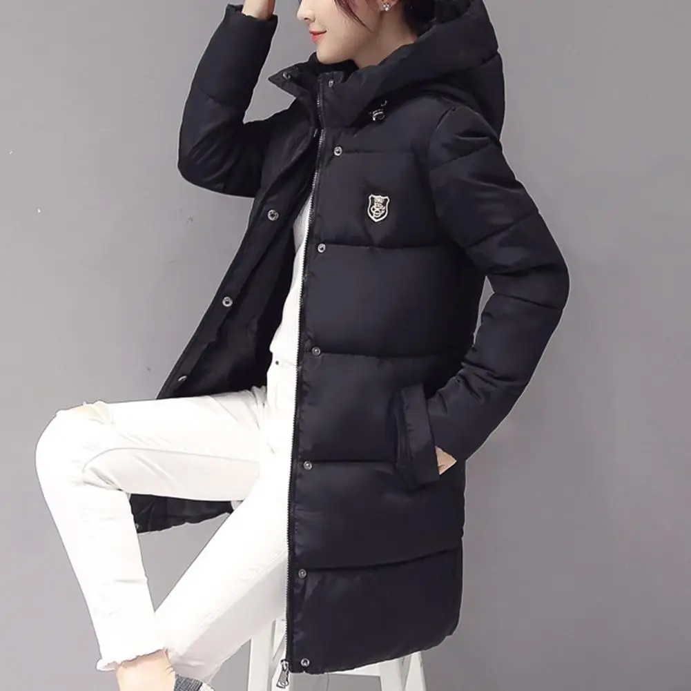 

MISSKY Women Coat Warm Solid Color Hooded Zipper Closure Coat Medium Style Slim Thicken Wadded Jacket Winter