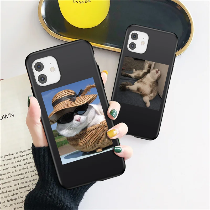 For iPhone 11 12 13 14Pro Max Cute Funny Animal Pattern Black Phone Case XR 12 13 Mini XS Max X 7 8 Plus Soft Cartoon Back Cover