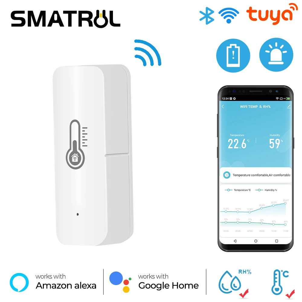 

Смарт-датчик температуры и влажности SMATRUL Tuya Wi-Fi, комнатный гигрометр, термометр, детектор с голосовой сигнализацией для Alexa Google Home