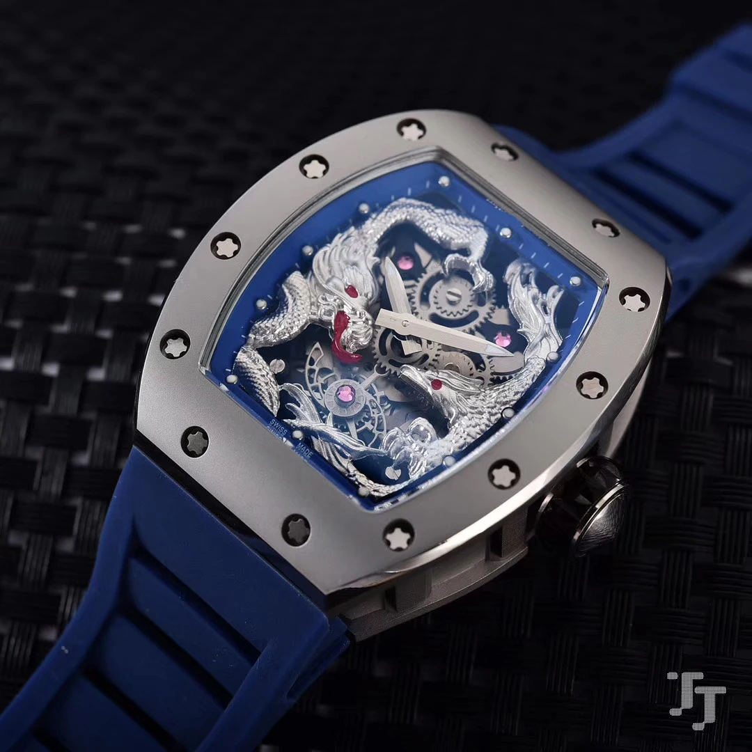 

Classic New Red Black Rubber Men Watch Sapphire Automatic Mechanical Dragon Phoenix Tourbillion Calendar Skeleton Watches