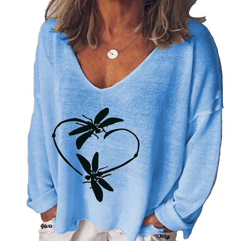 

Autumn Hot Sale Women's Pullover Heart-Shaped Dragonfly Print V-Neck Long Sleeve T-Shirt Loose Fashion Style