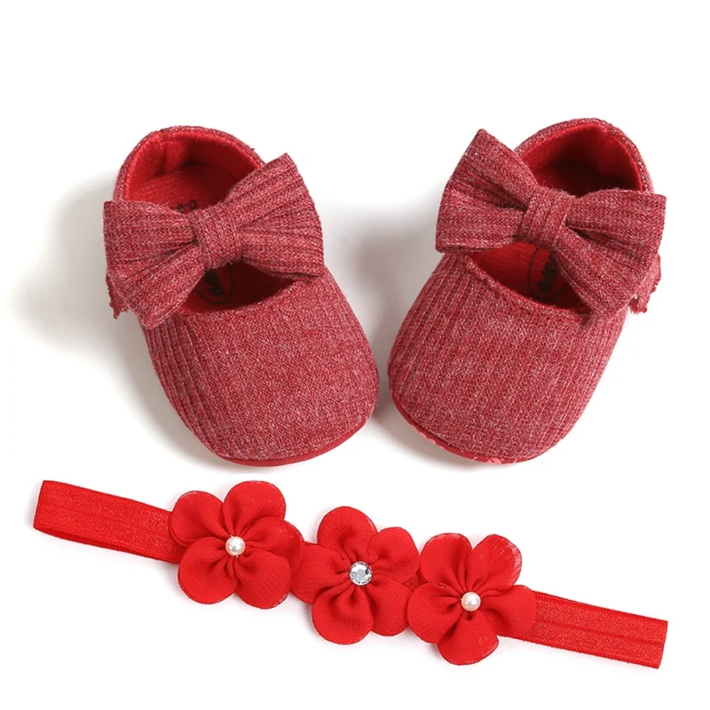 

First Walkers Baby Girl Shoes Soft Sole Cotton Princess Crib Shoes Anti-slip Prewalkers+Headband 2pcs