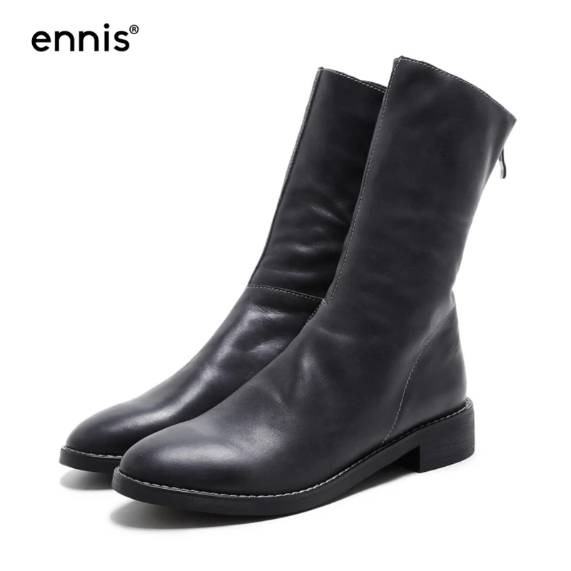 Black Plush Inside ENNIS/Брендовые женские ботинки в римском стиле из натуральной кожи на молнии в европейском стиле; Танцевальная обувь в стиле хип-хоп; Модные Винтажные зимние ботинки; A753 - Цвет: Black Plush Inside