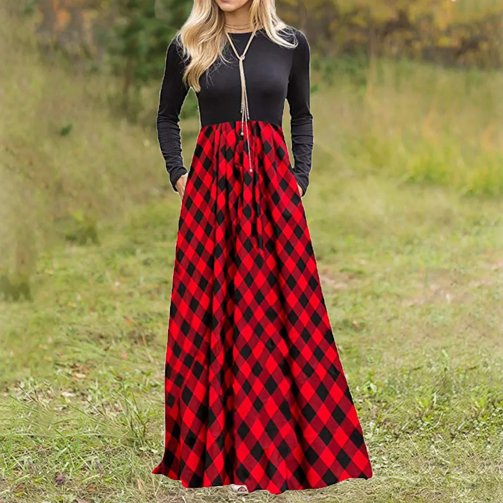 #Z40 Spring Autumn Red Plaid Maxi Dress Women Elegant Lady Blouse Long Party Sleeve Vestidos De Fiesta Noche | Женская одежда