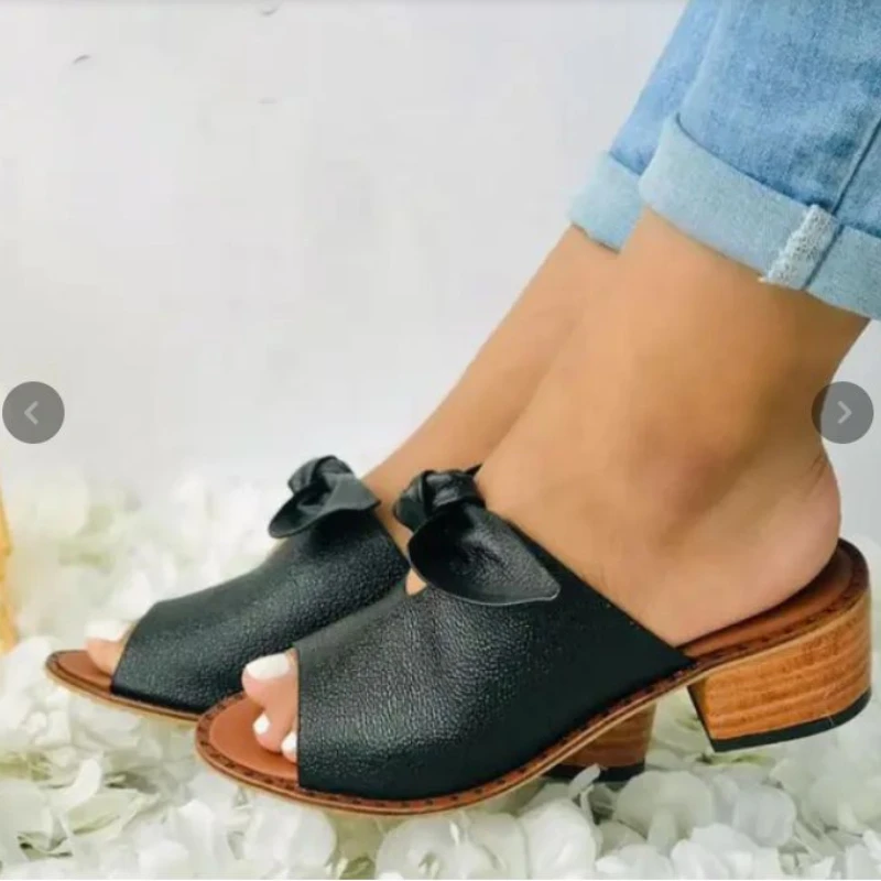 

2021 Summer New Women's Shoes Pure Color PU Bowknot Open Toe Sandals Square Heel Fashion All-match Beach Sandals 6KF255