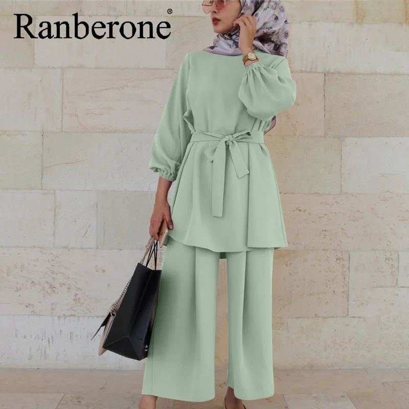 Ranberone Muslim Women Arab Suit Fashion Long Sleeve Tops Wide Leg Pants Islamic Two Piece Set Outfits Female Blouses Women Sets