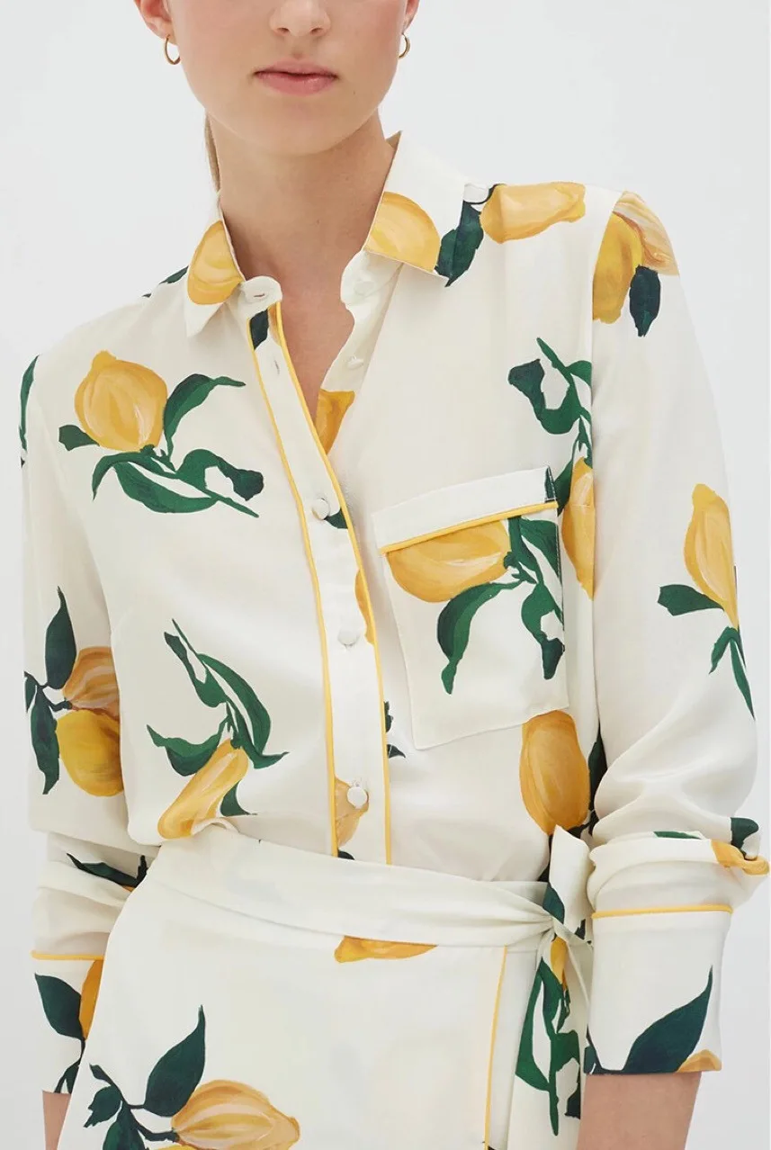 

100% Silk Women's Blouse Lemon Print Ladies Long Sleeve Turn-Down Collar 2021 Summer Fresh Shirt and Tops Female Clothes