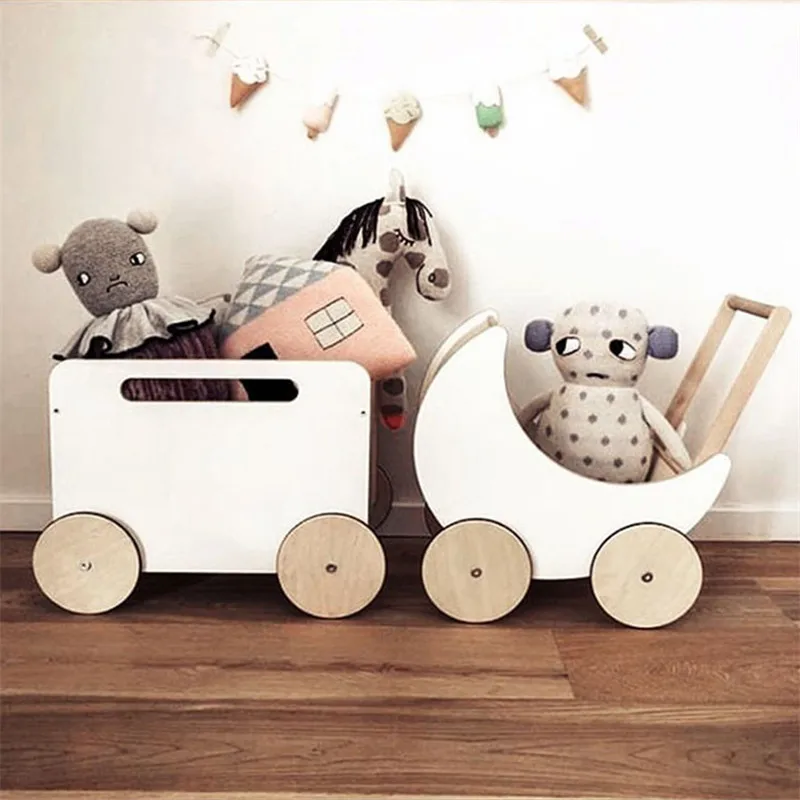 Prop Fotografia Recien Nacido INS Nordic Children's Room Toy Wood Basket Hand Roller Doll Trolley Baby Girl Props Photography